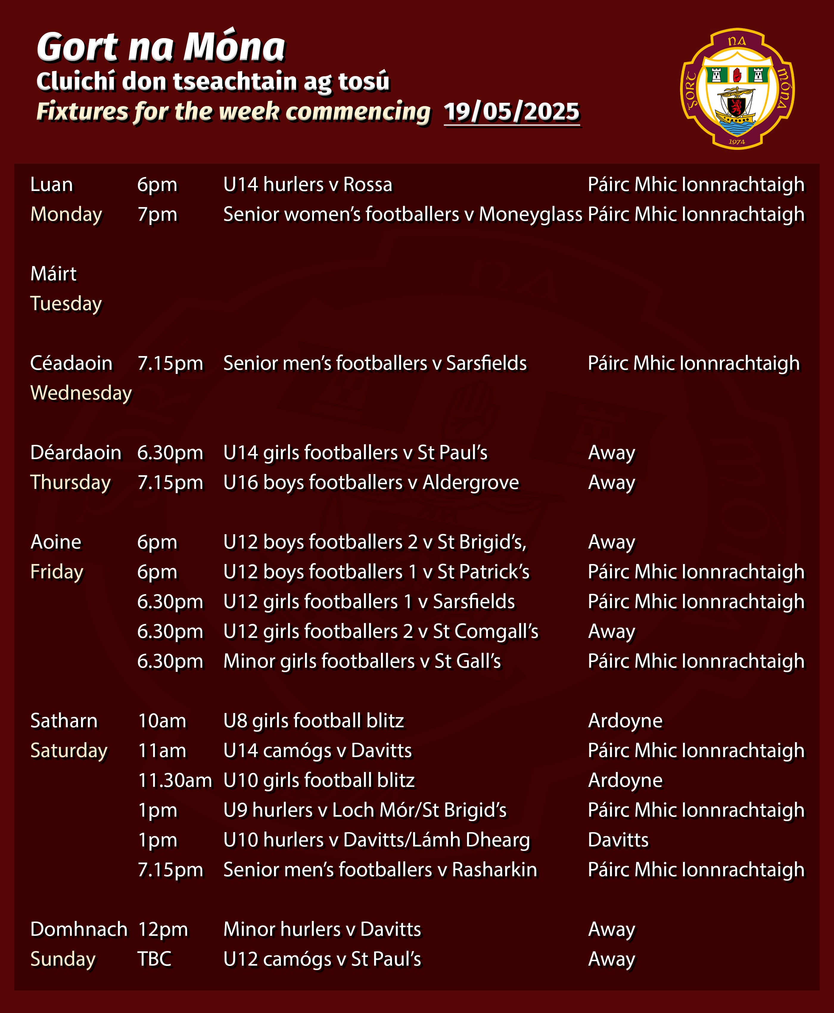 Club Fixtures 19/05/2025