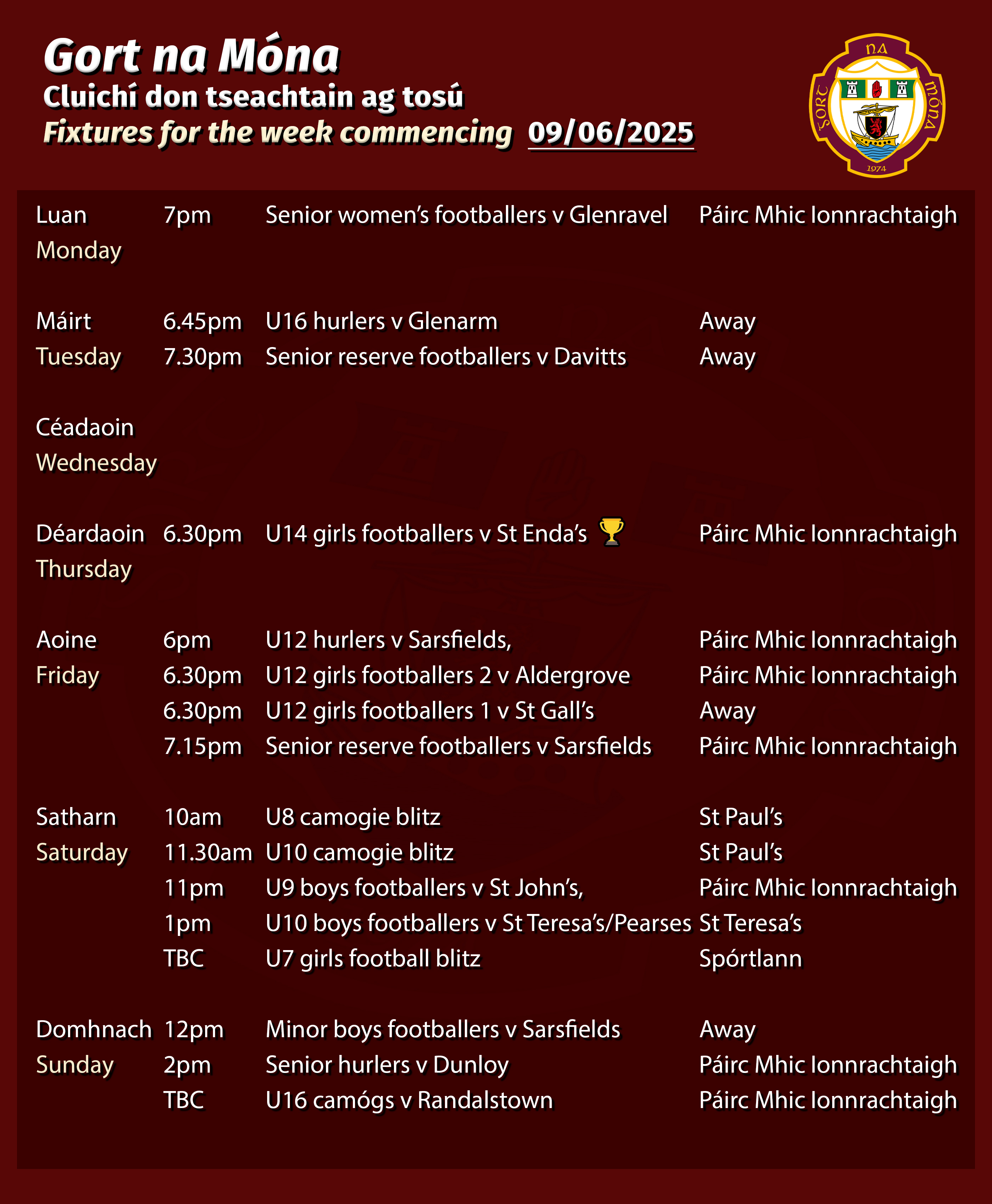 Club Fixtures 09/06/2025
