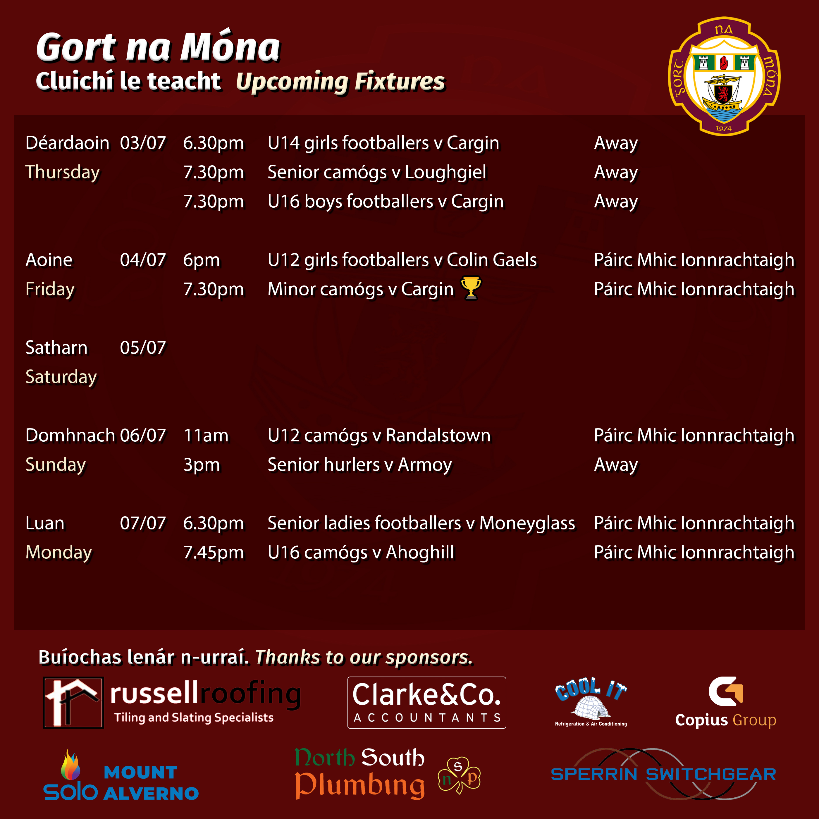 Upcoming fixtures